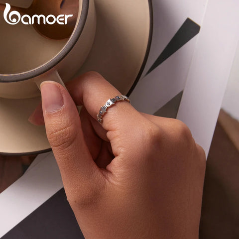 Bamoer Lucky Fatima Hand Women Ring Genuine 925 Sterling Silver Open Size Stackable Hand of Fatima Silver Ring Fine Jewelry