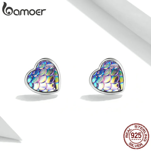 Bamoer New Trendy 925 Sterling Silver Fish Scale Heart Stud Earrings for Women Fish Scale Cat Ear Studs Fine Jewelry Party Gift