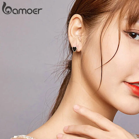 bamoer Genuine 925 Sterling Silver Black Agate Heart Stud Earrings for Women and Men Punk Jewelry 2020 Brincos SCE915