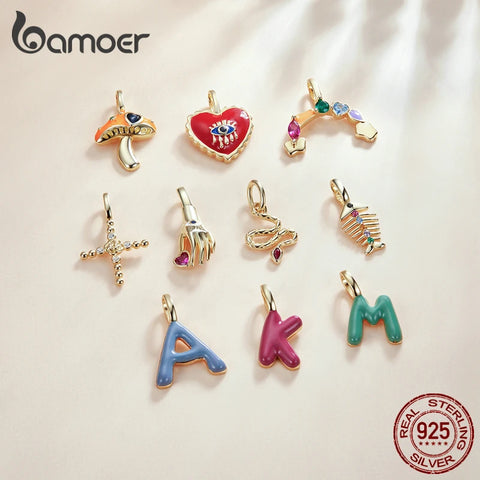 bamoer 925 Sterling Silver Rainbow Crystal Enamel Red Heart Eye Charm Letter Snake Fishbone Charm Pendant for Necklace Women DIY