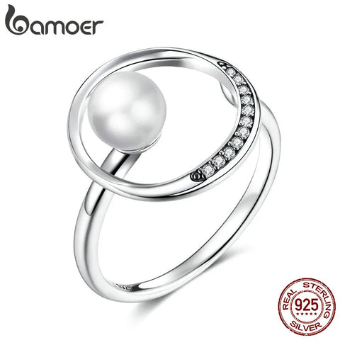 Bamoer 925 Sterling Silver Elegant Geometric Circle Finger Ring Shell Pearl Ring for Women Anniversary Engagement Jewelry SCR231