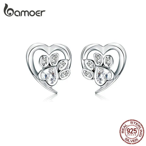 bamoer Blue Crystal Paw Stud Earrings for Girl Heart Shape CZ Footprint Ear Studs Jewelry Women Original Design Bijoux SCE654