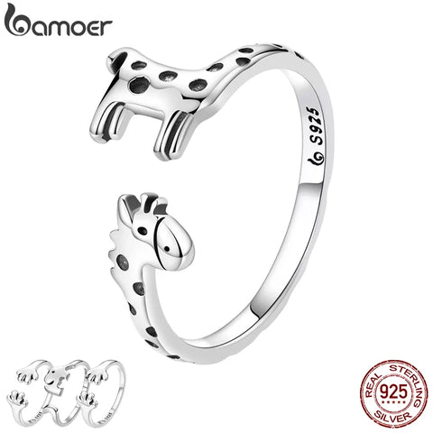 Bamoer New Trendy Genuine 925 Sterling Silver Giraffe Open Ring for Women Puppy Paw Elephant Ring Girl Fine Jewelry Party Gift