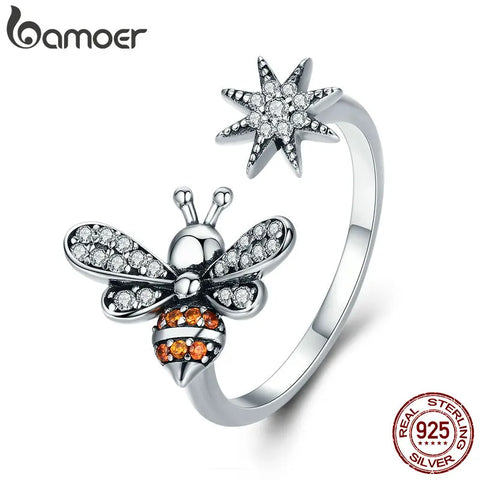 BAMOER 100% 925 Sterling Silver Trendy Bee & Daisy Flower Finger Rings for Women Adjustable Size Valentine Gift Jewelry SCR422