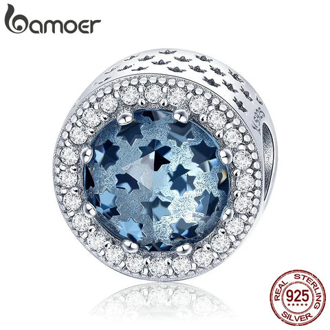 BAMOER 100% 925 Sterling Silver Sparkling Star Pave Blue CZ Beads fit Women Charm Bracelets & Necklaces Jewelry Making SCC730