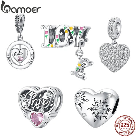 bamoer 925 Sterling Silver Three-dimensional Letters LOVE Charm Flower Snowflake Love Family for Bracelet Women DIY Fine Jewelry
