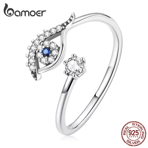 Bamoer 925 Sterling Silver Shining Blue Zircon Demon Eye Opening Ring Lucky Eye Adjustable Ring for Women Fine Jewelry BSR215