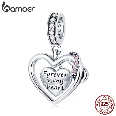 bamoer 925 Sterling Silver Shining Infinite Love Charm Forever Heart Pink Zircon Hollow Bead Pendant for Bracelet