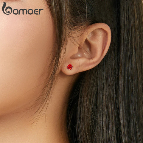 bamoer Birth Stone AAA Cubic Zircon Stud Earring 925 Sterling Silver Birthstone Ear Stud April Gifts Silver Jewelry SCE862