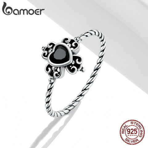 bamoer 925 Sterling Silver Lucky Eye Ring Blue Crystal Crown Ring Heart Spades Black Gem Ring for Women Wedding Jewelry Anillo