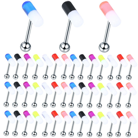 70Pcs/set Mix Color Capsule Tongue Rings Acrylic Pill Tongue Piercing Surgical Steel Tongue Ring Bars Barbell Piercing 14G
