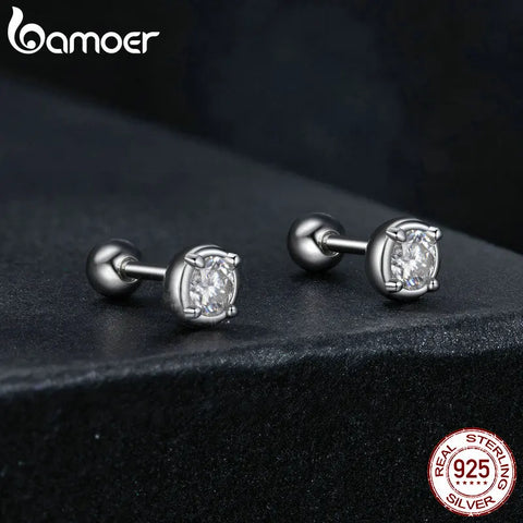 BAMOER 925 Sterling Silver Bezel Setting Moissanite Stud Earrings Round Cut Lab Diamond Earrings for Women Wedding Jewelry Gift