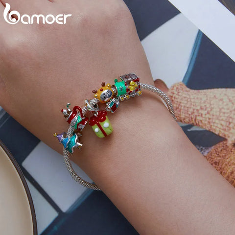 Bamoer 925 Sterling Silver Christmas Collection Santa Claus Charm Apple Beads for Women Bracelet & Bangle DIY Christmas Gift