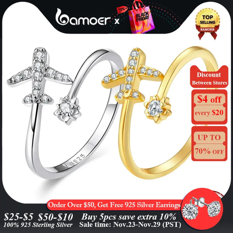 bamoer Genuine 925 Sterling Silver Flying Plane Open Finger Rings for Women Clear CZ Adjustable Rings Fine Jewelry Bijoux SCR623