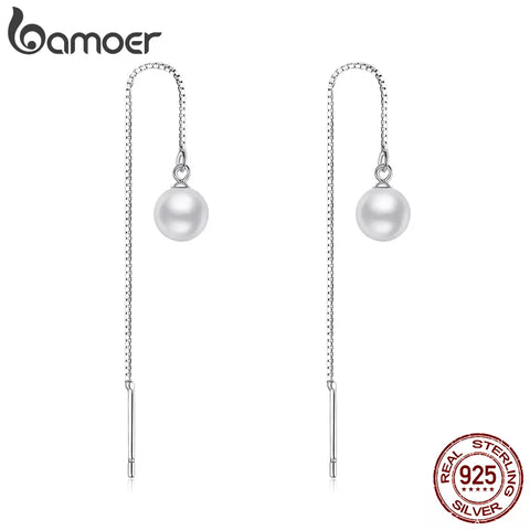 Bamoer 925 Sterling Silver Elegant Long Tassel Pearl Drop Earrings for Women Gift Light Luxury Temperament Earrings Jewelry