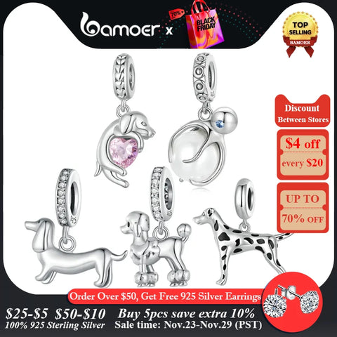 BAMOER Pet Dog Charm Beads for Charm Bracelet, Genuine 925 Sterling Silver Poodle Dachshund Pendant DIY Accessories
