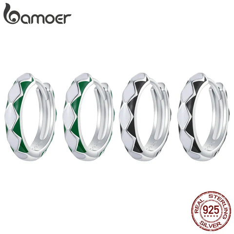BAMOER Platinum Plated Hoop Earrings Checkerboard Bands 925 Sterling Silver Trendy Cute Hypoallergenic Tarnish Earrings