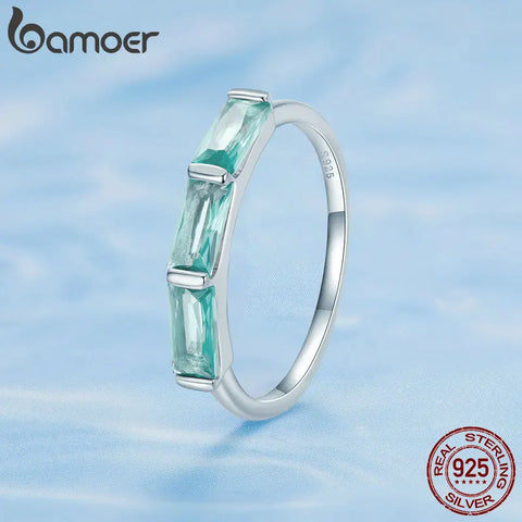 Bamoer 925 Sterling Silver Light Green Square Zircon Finger Ring Simple Fashion Rings for Women Anniversary Birthday Gift BSR329