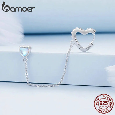 BAMOER Genuine 925 Sterling Silver Heart-Shaped Chain Ear Clips for Women Wedding Statement Elegant Earings BSE864