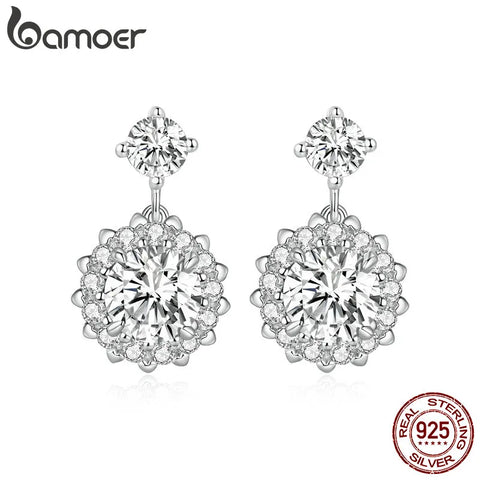 Bamoer 925 Sterling Silver Sweet Moissanite Stud Earrings Flower Drop Earrings for Women Wedding Engagement Jewelry Gift MSE028