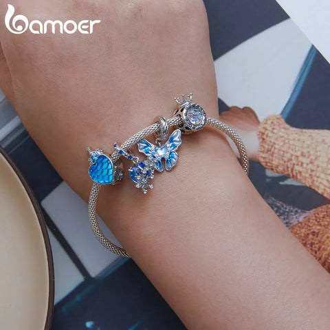 Bamoer 925 Sterling Silver Ice Kingdom Series Snowflake Hanging Bead Blue Zircon Crown Charm for Women Bracelet and Necklace DIY