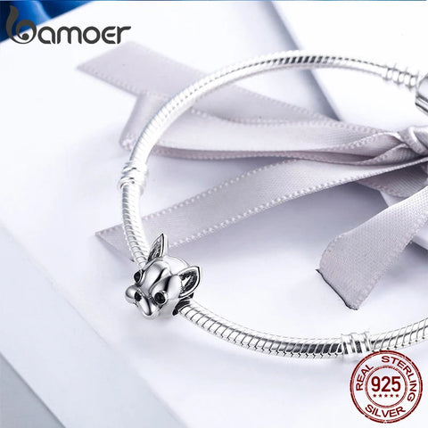 BAMOER 925 Sterling Silver Loyal Partners French Bulldog Bead Dog Animal Bead fit Women Charm Bracelets DIY Jewelry SCC315