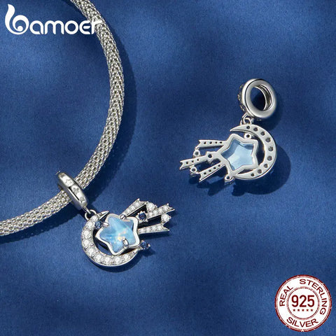 BAMOER 925 Sterling Silver Dreamy Meteor Pendant Beads, Moon and Star Charms Compatible with Women's Bracelet Necklace