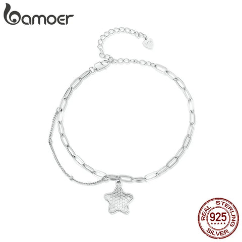 Bamoer 925 Sterling Silver Sparkling Star Bracelet Splice Chain Link for Women Daughter Birthday Day Jewelry Gift Fine Jewelry
