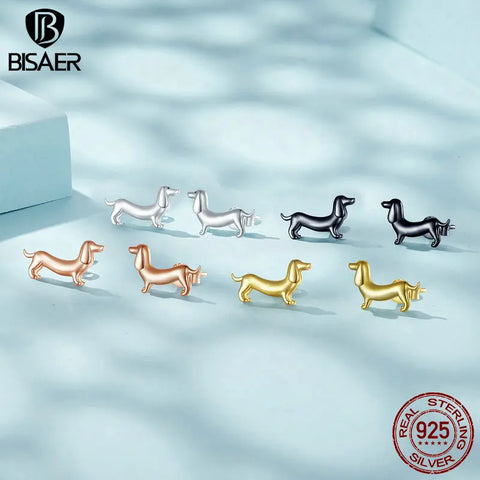 BISAER 925 Sterling Silver Cute Pet Dog Jewelry Set Dachshund Animal Stud Earrings Adjustable Rings for Women Lovely Party Gift