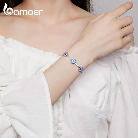 Bamoer 925 Sterling Silver Round Devil's Eye Tennis Bracelet Lucky Fatima's Guarding Hand Chain Bracelet for Women Fine Jewelry