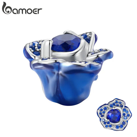 BAMOER 925 Sterling Silver Luxury 3D Blue Rose Charm Beads Fit Original Bracelets Women DIY FINE Jewelry Accessories BSC879