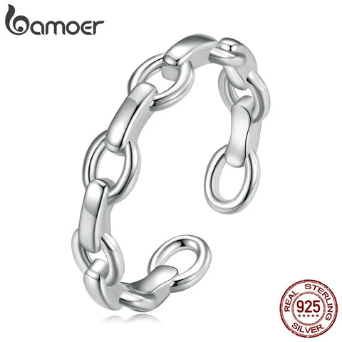 Bamoer 925 Sterling Silver Metal Chain Adjustable Ring for Women Silver Fashion Lock Chain Ring Statement Band Jewelry BSR274