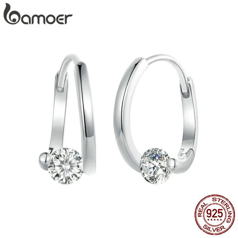 BAMOER Platinum Plated CZ 925 Sterling Silver Huggie Earrings | U-Shaped Solitaire Small Round Hoop Earrings SCE1668