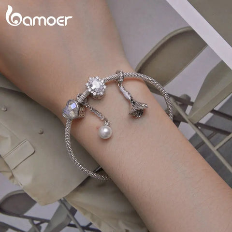 Bamoer 925 Sterling Silver Wedding Series Heart of Rose Bead Wedding Dress Charms for Women Bracelet Bangle DIY Fine Jewelry