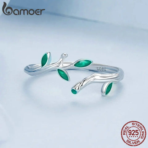 BAMOER 925 Sterling Silver Green Leaf Opening Ring Twig Adjustable Ring for Women Plated Platinum Fine Jewelry Gift