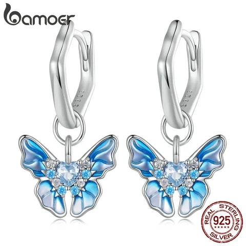 Bamoer 925 Sterling Silver Blue Butterfly Ear Buckles Heart Shape Hoop Earrings for Women Pave Setting CZ Fine Jewelry
