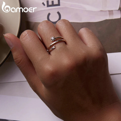 Bamoer 925 Sterling Silver Wishing Meteor Ring for Women Open Size Mutlilayer Silver Girl Ring Fine Jewelry Wedding Party Gift