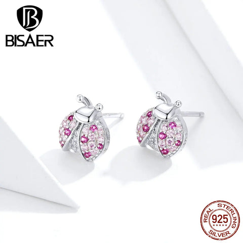 BISAER 925 Sterling Silver Pink Laybug Jewelry Set Pavé Setting Zircon Necklace Earrings Plated Platinum For Romantic Women Gift