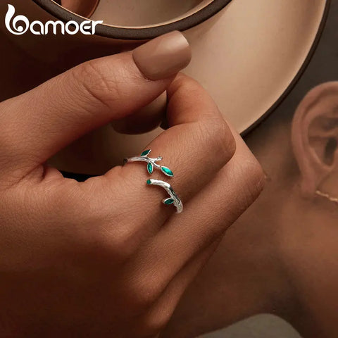 BAMOER 925 Sterling Silver Green Leaf Opening Ring Twig Adjustable Ring for Women Plated Platinum Fine Jewelry Gift