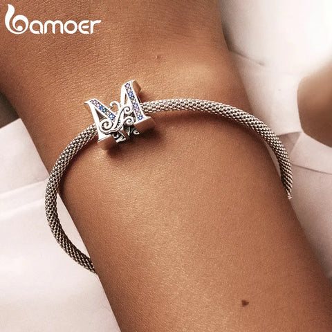 bamoer Funny 925 Sterling Silver DIY Letter Alphabet Metal Beads fit for Original Silver 925 Bracelet Heart Pattern Charms DIY