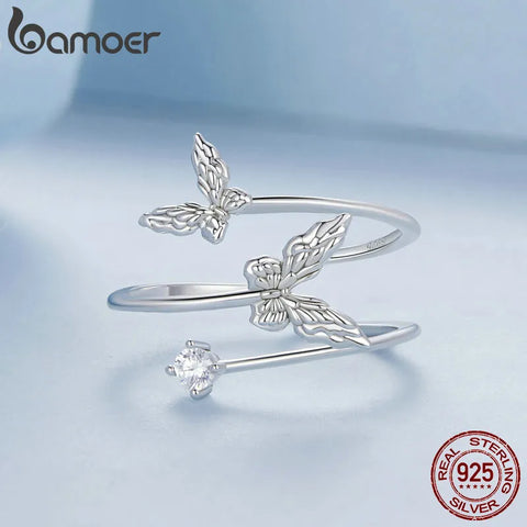 BAMOER Solid 925 Sterling Silver Butterfly Adjustable Open Ring Anniversary Birthday Jewelry Gifts for Women Girls