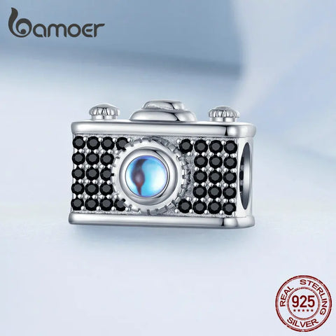 Bamoer 925 Sterling Silver Black Zircon Retro Camera Beads for Women Original Bracelet and Bangle Classic Charms Fine Jewelry
