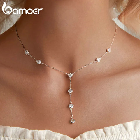 Bamoer 925 Sterling Silver Stackable Clavicle Necklace Sparkling Zircon Neck Chain for Women Platinum Plated Fine Jewelry