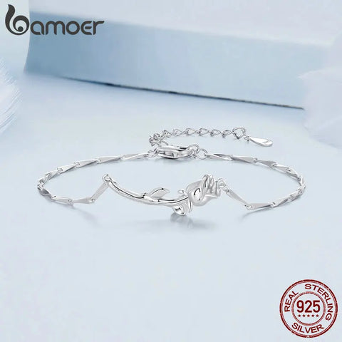 Bamoer 925 Sterling Silver Rose Bracelet Flower Adjustable Chain Link Platinum Plated for Women Valentine's Day Gift BSB146