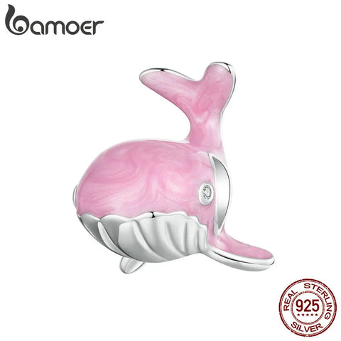 BAMOER 925 Sterling Silver Pink Whale Bead Dreamy Ocean Animal Charm for Women Bracelet Accessories Pave Setting CZ Fine Jewelry