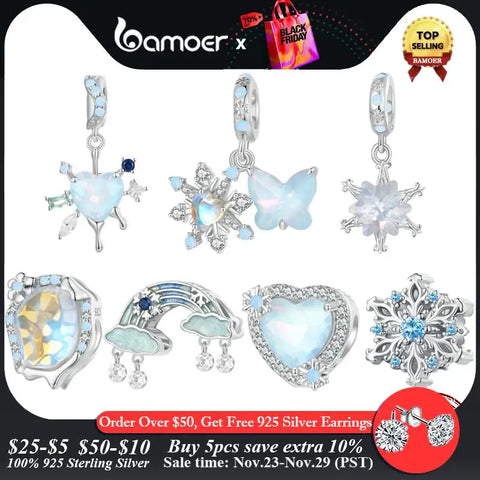 Bamoer 925 Sterling Silver Snowflake Pendant Charm Ice Rainbow Beads for Women Bracelet & Bangle DIY Birthaday Gift Fine Jewelry