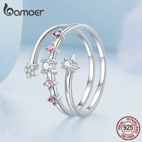Bamoer 925 Sterling Silver Multi-layer Star Ring Clear and Red Zircon Ring for Women Fashion Birthday Gift Fine Jewelry BSR310