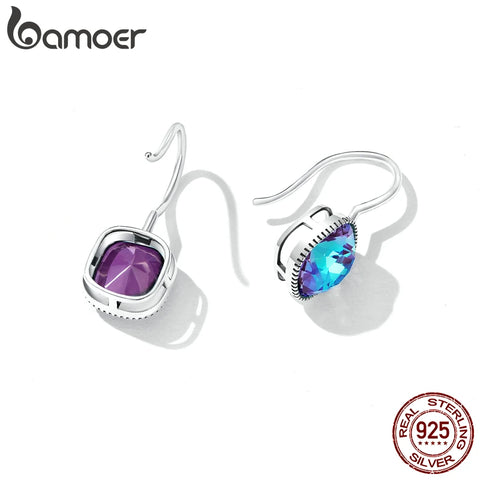 Bamoer Mocha Fluorescent Hook Earrings 925 Sterling Silver Big Purple Stone Hook Earrings for Women Fine Jewerly Engagement Gift