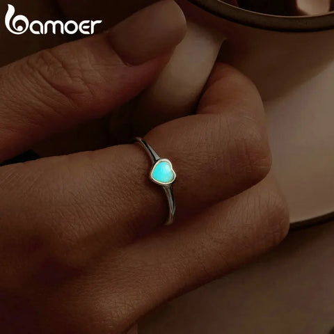 BAMOER Luminous Heart Signet Ring Platinum Gold Plated | 925 Sterling Silver Dainty Pinky Ring Promise Ring Birthday Gift
