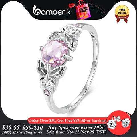 Bamoer 925 Sterling Silver Pink Stone Hollow-out Butterfly Finger Ring Pave Setting CZ for Women Birthday Gift Fine Jewelry